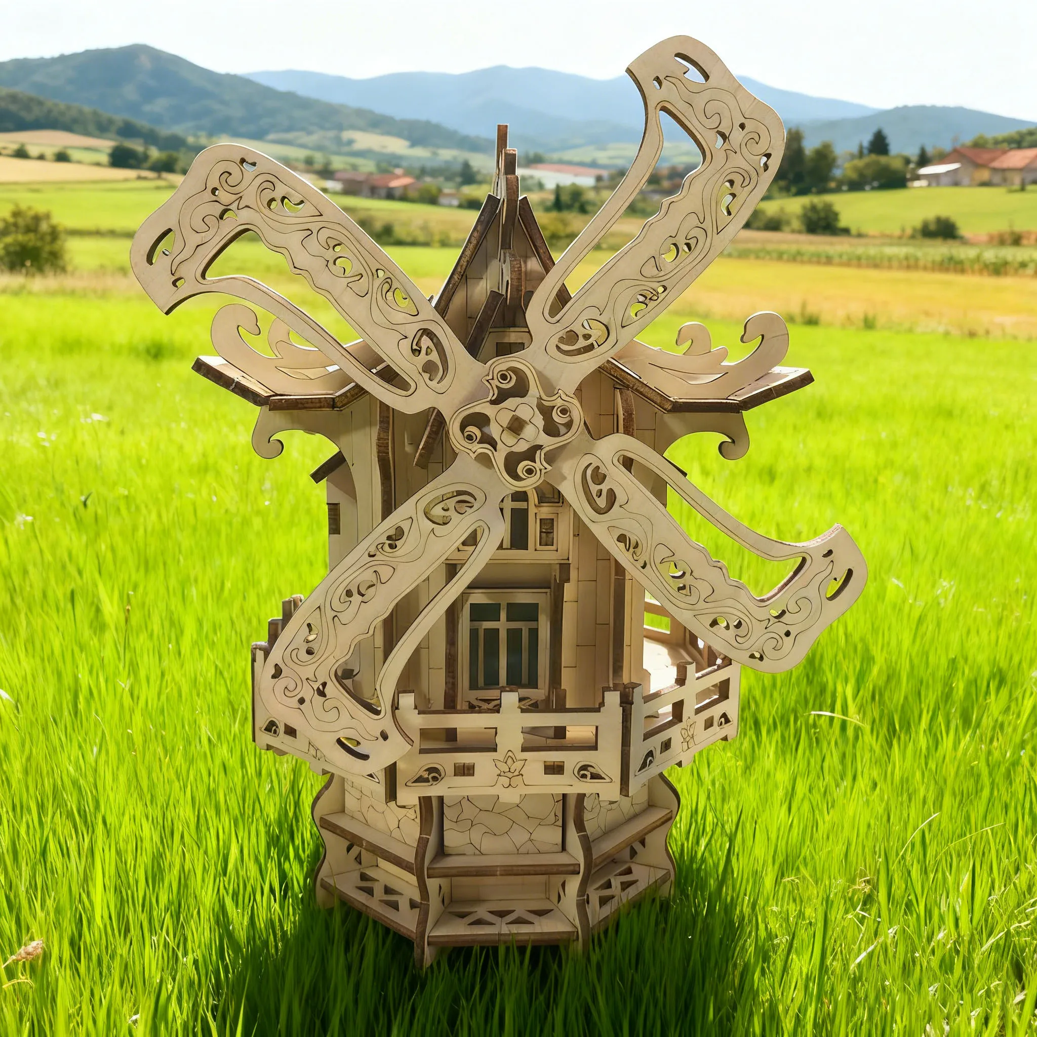 Kit de Montagem 3d de Casa e Moinho de Vento em Madeira Conjunto Divertido para Montar MDUG