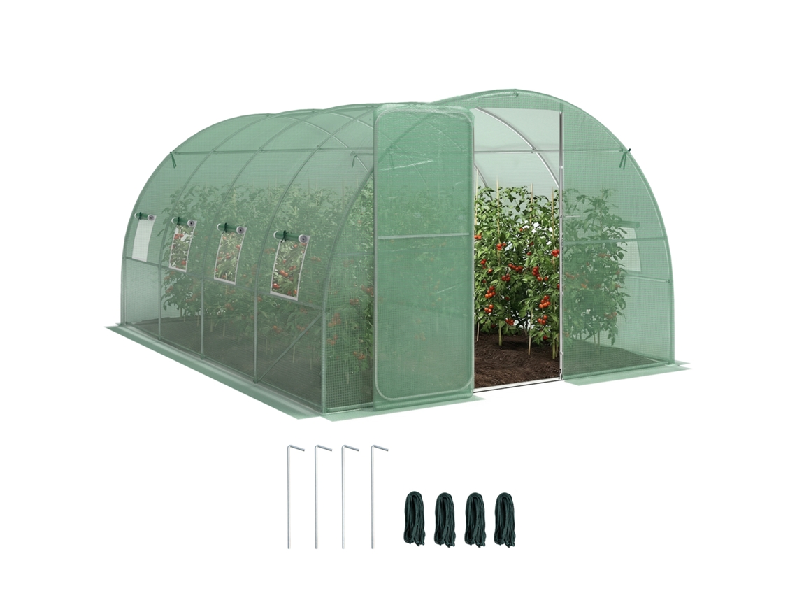 Estufa em Túnel com 12m², Porta 295x400x200cm e 8 Janelas, Lona Pe 140g/m² na Cor Verde