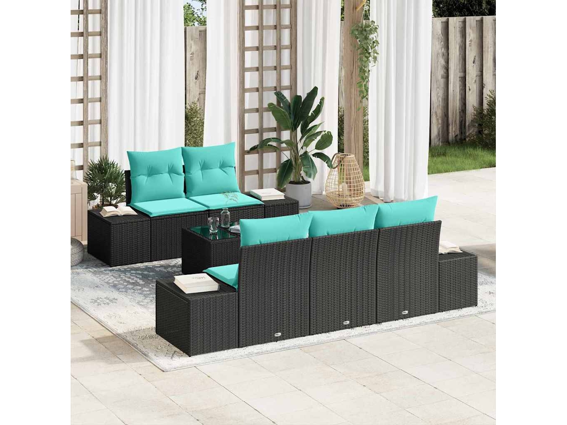 Vidaxl Conjunto De Sofá De Jardim 6 Unid. Preto E Turquesa Vime Pe