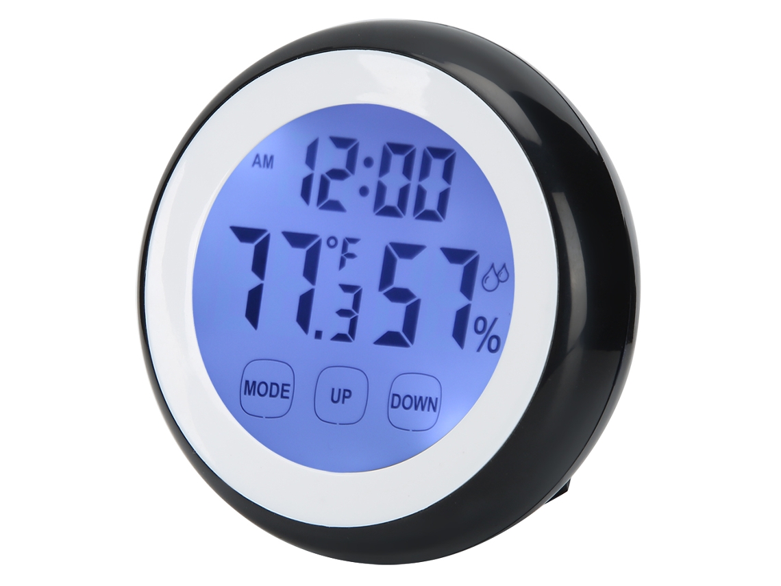 Despertador eletrônico digital Baok-reloj com tela sensível ao toque, formato redondo e indicadores de temperatura e umidade.