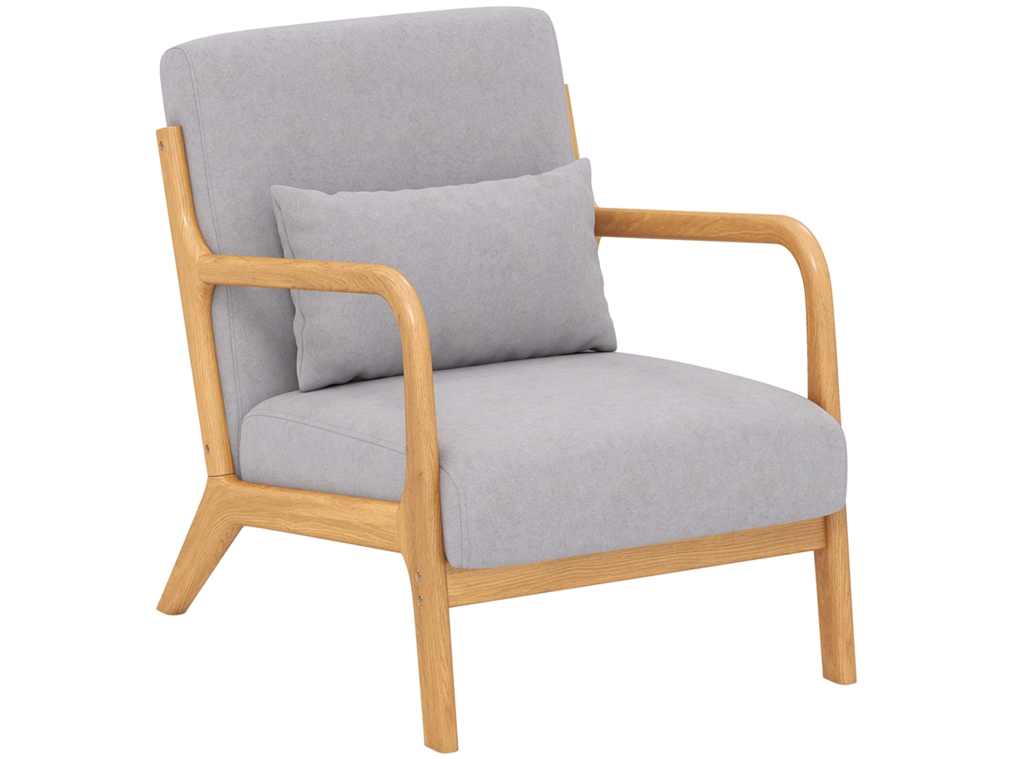 Poltrona Sala De Estar Nórdica Acolchoada Com Apoio Para Os Braços E Estrutura De Madeira De Borracha 61x78x76 Cm Cinza