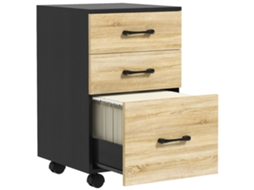 Cajonera de Escritório com Rodas BTFORUS 3 gavetas com barra para arquivos 40x42x65cm preto e carvalho