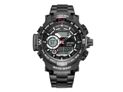 Relógio esportivo eletrônico masculino à prova d'água com movimento de quartzo e pulseira de aço inoxidável - Preto