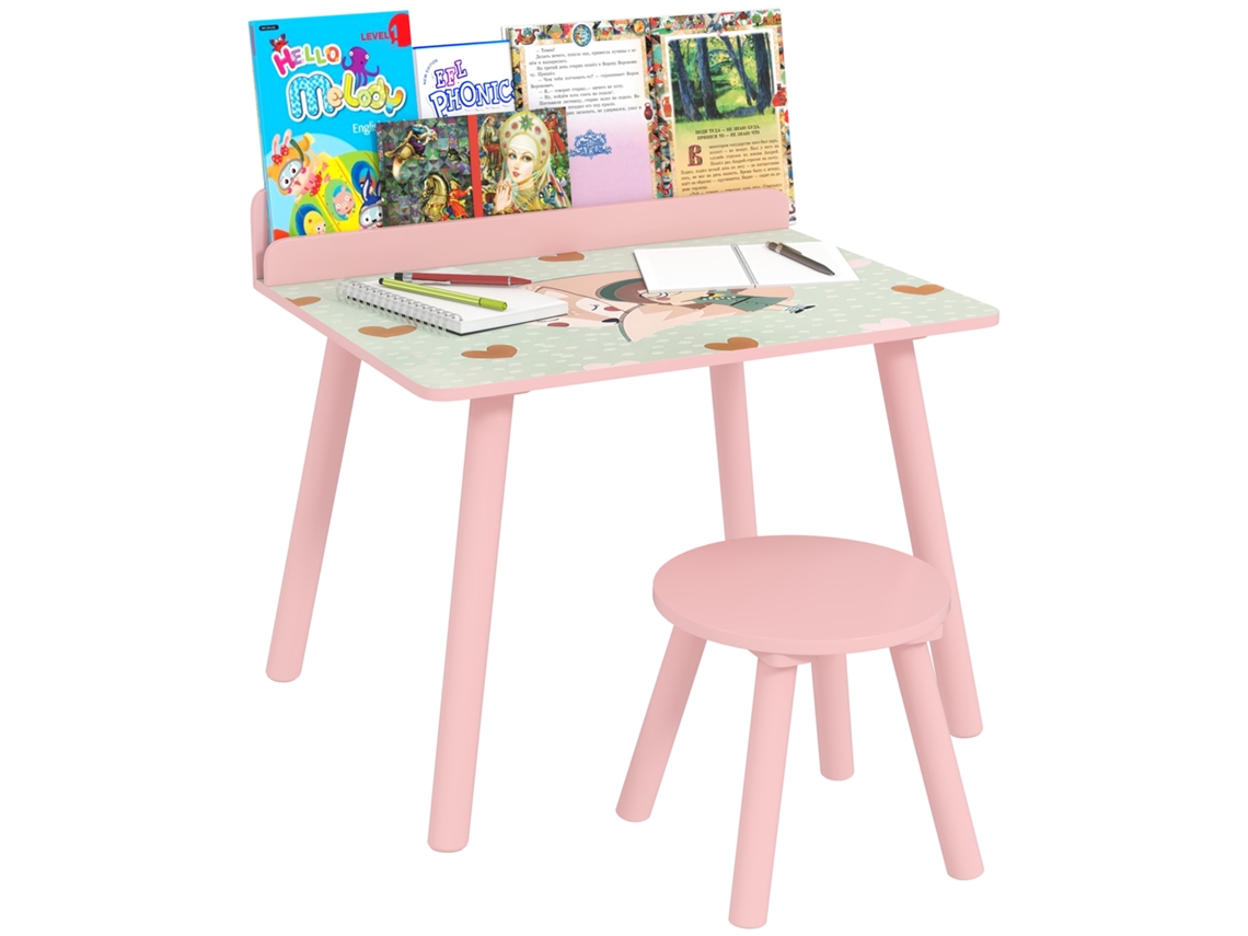 Mesa Infantil Com Cadeira E Estante, Escrivaninha Para Crianças A Partir De 3 Anos Para Sala De Jogos, Rosa
