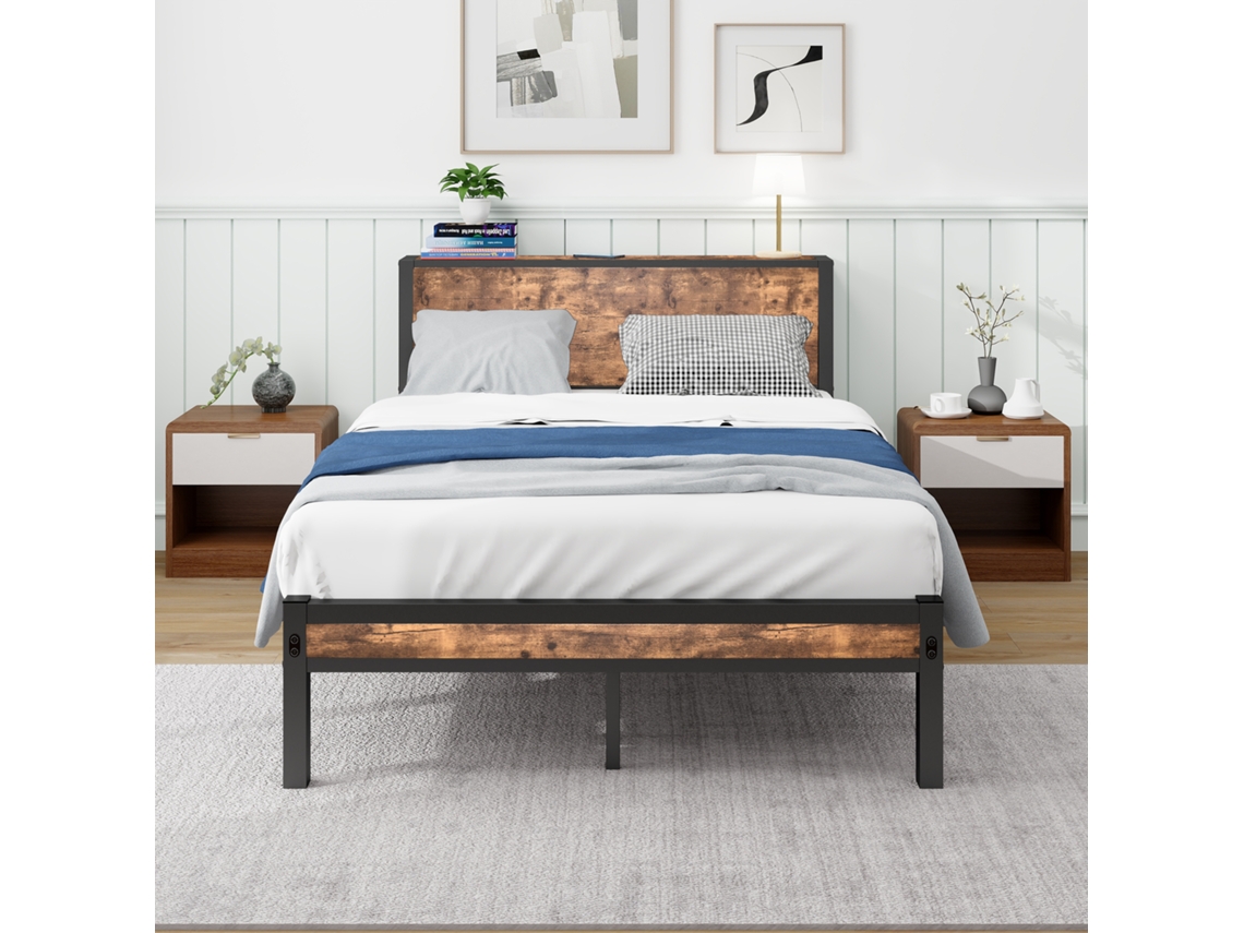 Cama Plataforma Metal 120x200cm Armazenamento Cabeceira Vintage Marrom