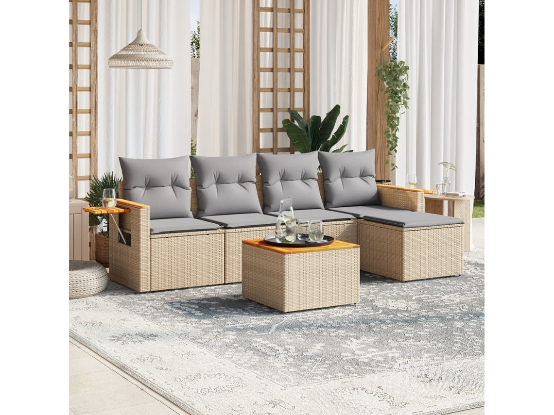 Vidaxl 6 Pcs Conjunto De Sofás P/ Jardim Com Almofadões Vime Pe Bege