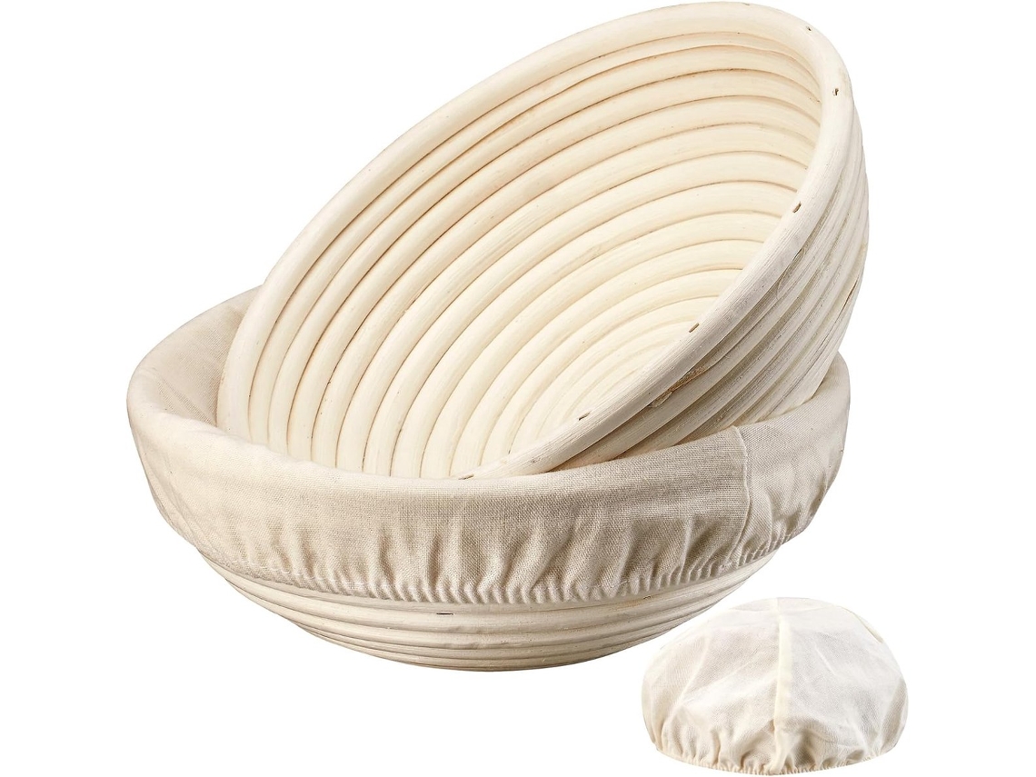 Conjunto De 2 Cestos Banneton Para Pão Artesanal, Em Linho E Rattan Natural, 23 Cm, Formato Redondo, Com Forro De Linho
