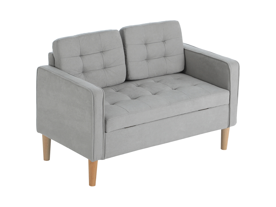 Sofá 2 Lugares com armazenamento, capitonê, cinzento claro, 117x62x78cm, com pés de madeira
