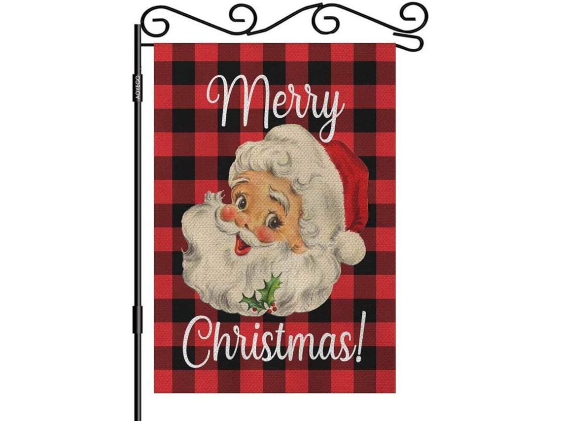 Bandeira jardim Natal dupla face poliéster papai Noel tartan vermelho preto 12.5x18 polegadas | S/MARCA