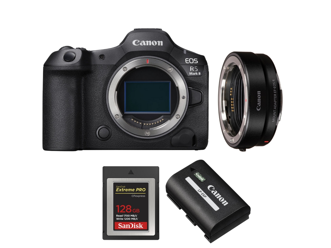 Eos R5 Mark Ii + Ef eos R + 1 Sandisk 128gb Extreme Pro Cfexpress Type B + 1 Canon Lp e6p + Ebook “20 Dicas para Fotos Que Impressionam” CANON