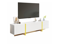 Armário De Tv 190 Cm Com 3 Portas E 2 Gavetas Em Branco Com Detalhes Em Dourado E Madeira