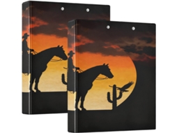 Pasta Sunset Cowboy Cacto Preto De 3, 8cm 1, 5 Polegadas, 3 Argolas Com Bolsos Internos, Pacote Com 1 2 Unidades, Capa