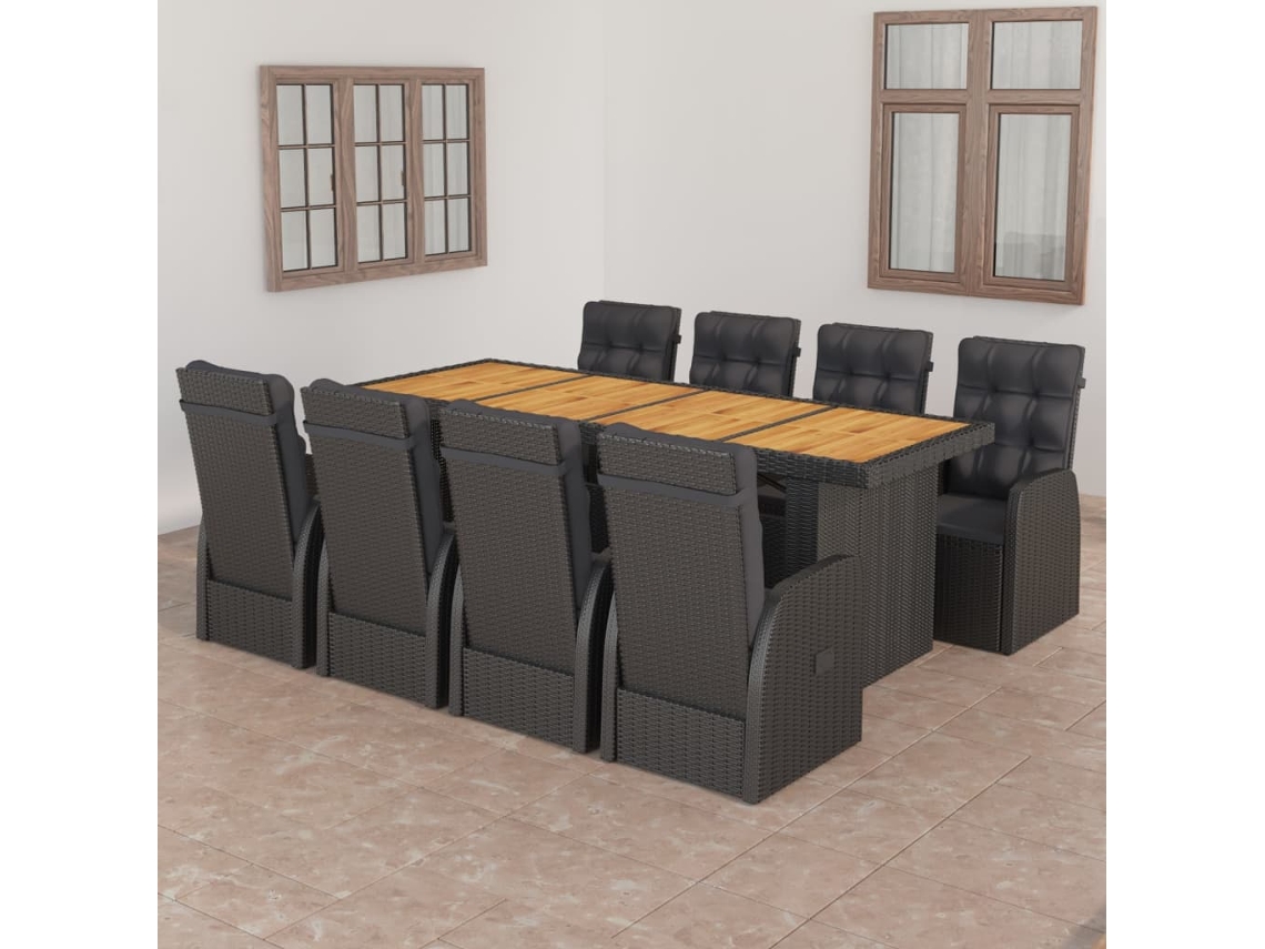 Conjunto 9 Pcs Jantar Externo Com Almofadões Vime Pe Preto Dkd Home Decor