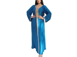 Vestido Longo De Cetim Com Fitil De Diamante Para Eid Al-fitr - Confortável E Suave Em Poliéster Azul