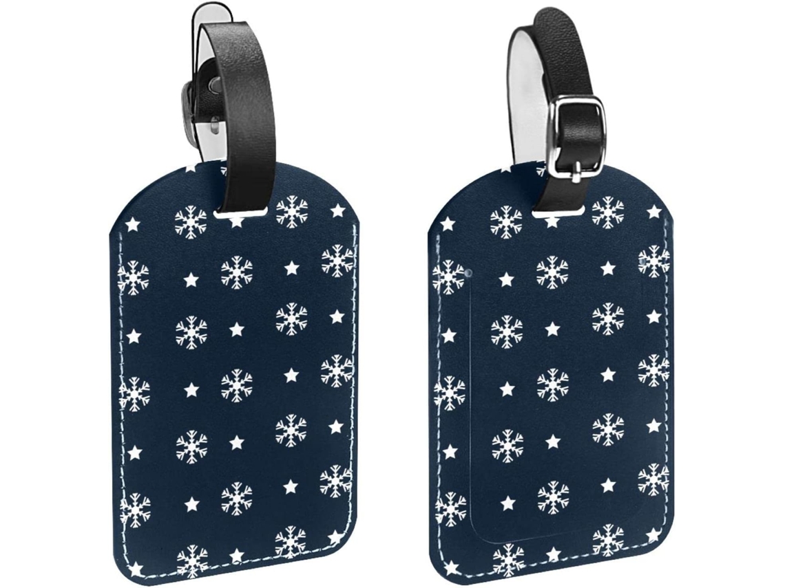 Conjunto De 2 Etiquetas Bagagem Em Couro Sintético Com Flocos Neve Sobre Fundo Azul 01