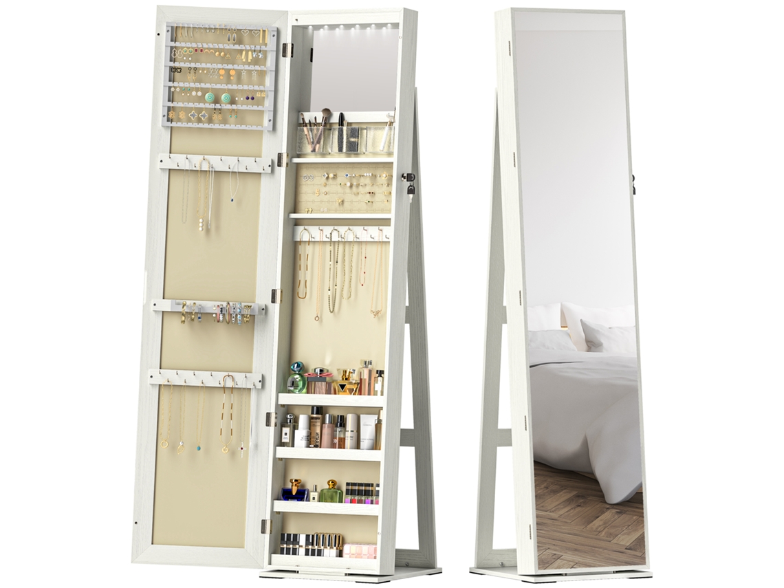 Armário de Joias Led com Trava Espelhada (branco, Veio de Madeira)