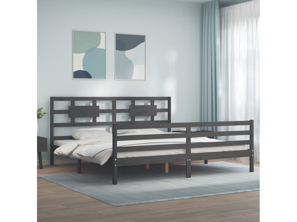 Vidaxl Estrutura De Cama Com Cabeceira 200x200 Cm Madeira Maciça Cinza