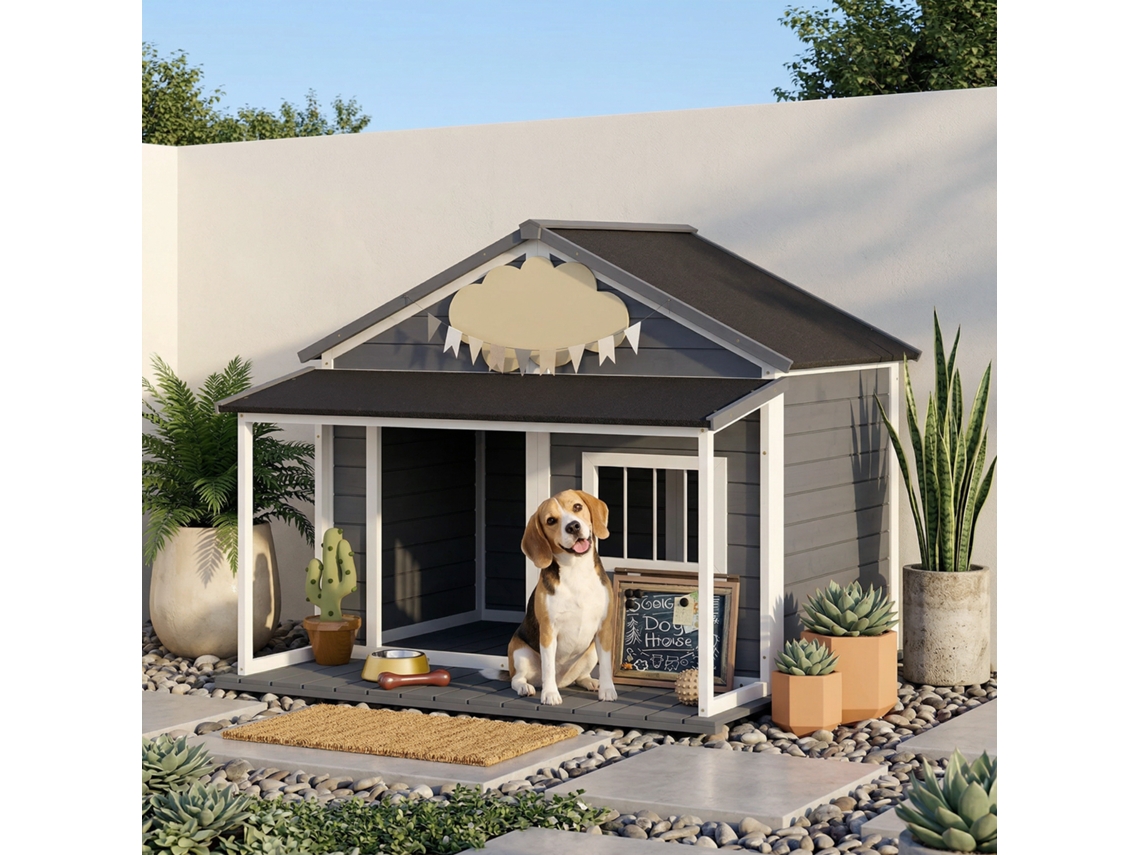 Cama Para Cachorro Ao Ar Livre Com Terraço, Janela E Cobertura À Prova D'água, Cinza, 124x112x105 Cm -br