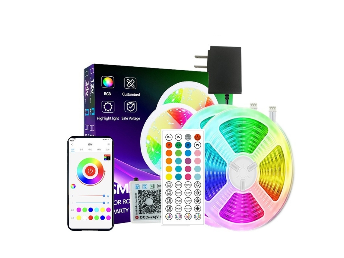 Kit Fita Led Rgb 15 M 24 V Com Comando Autoadesiva Flexível Para Quarto E Armário - Lurelia