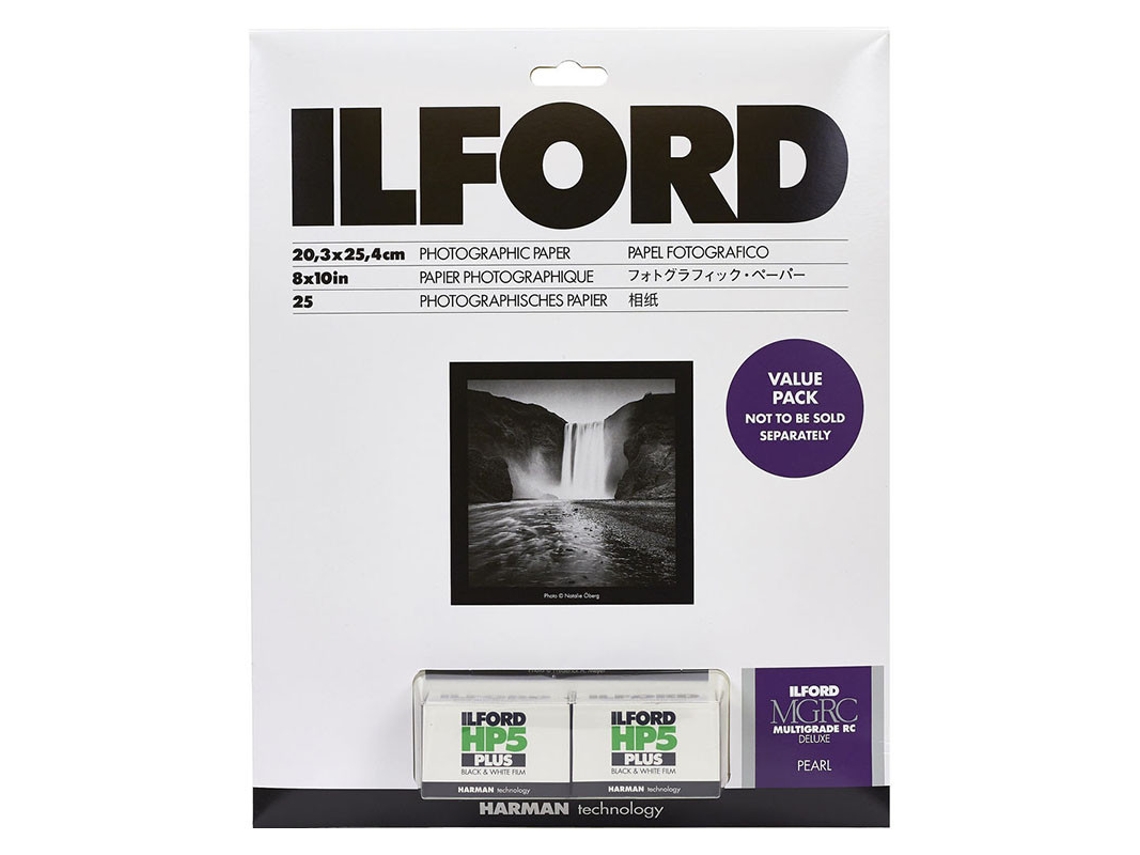 Pacote ILFORD Rc Deluxe Pearl com papel fotográfico multigraduado e 2 filmes fotográficos HP5 Plus de 35 mm.