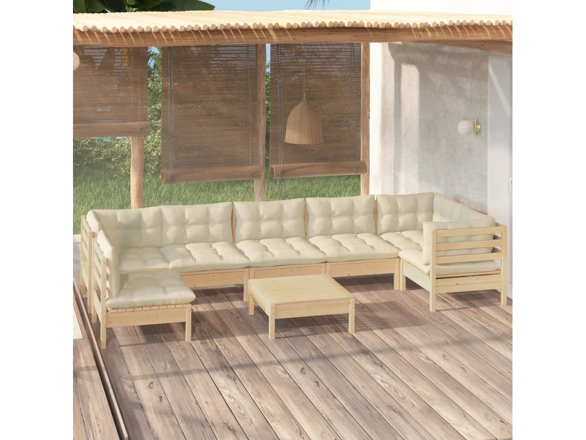Vidaxl 8 Pcs Conjunto Lounge De Jardim C/ Almofadões Cor Creme Pinho
