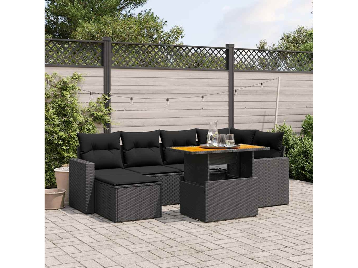 Vidaxl 7 Pcs Conjunto De Sofás P/ Jardim C/ Almofadões Vime Pe Preto