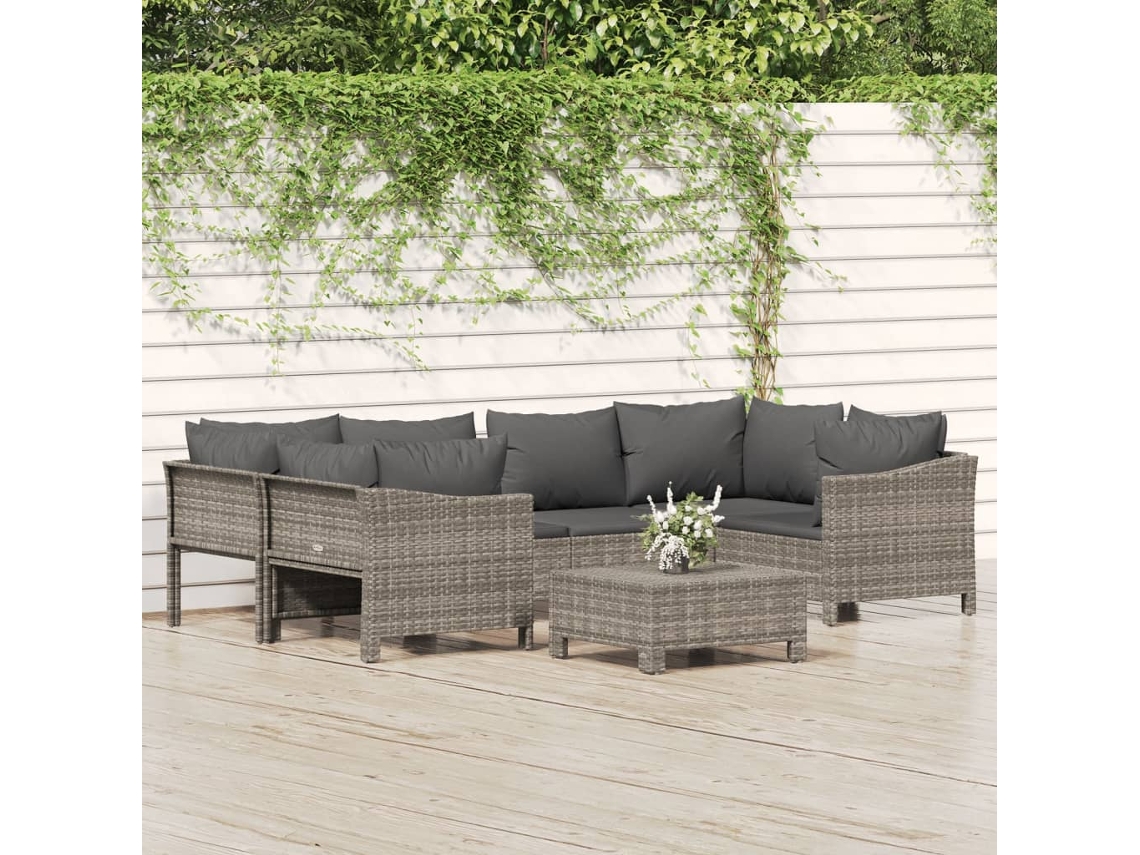 Vidaxl 7 Pcs Conjunto Lounge De Jardim C/ Almofadões Vime Pe Cinzento