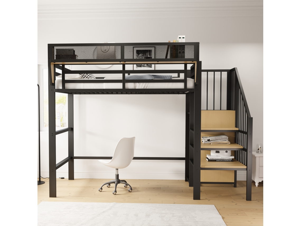 Cama Alta De 90x200 Cm Com Escada Segura E Arrumação Modular, Cama De Metal Para Adultos E Crianças, Preta.