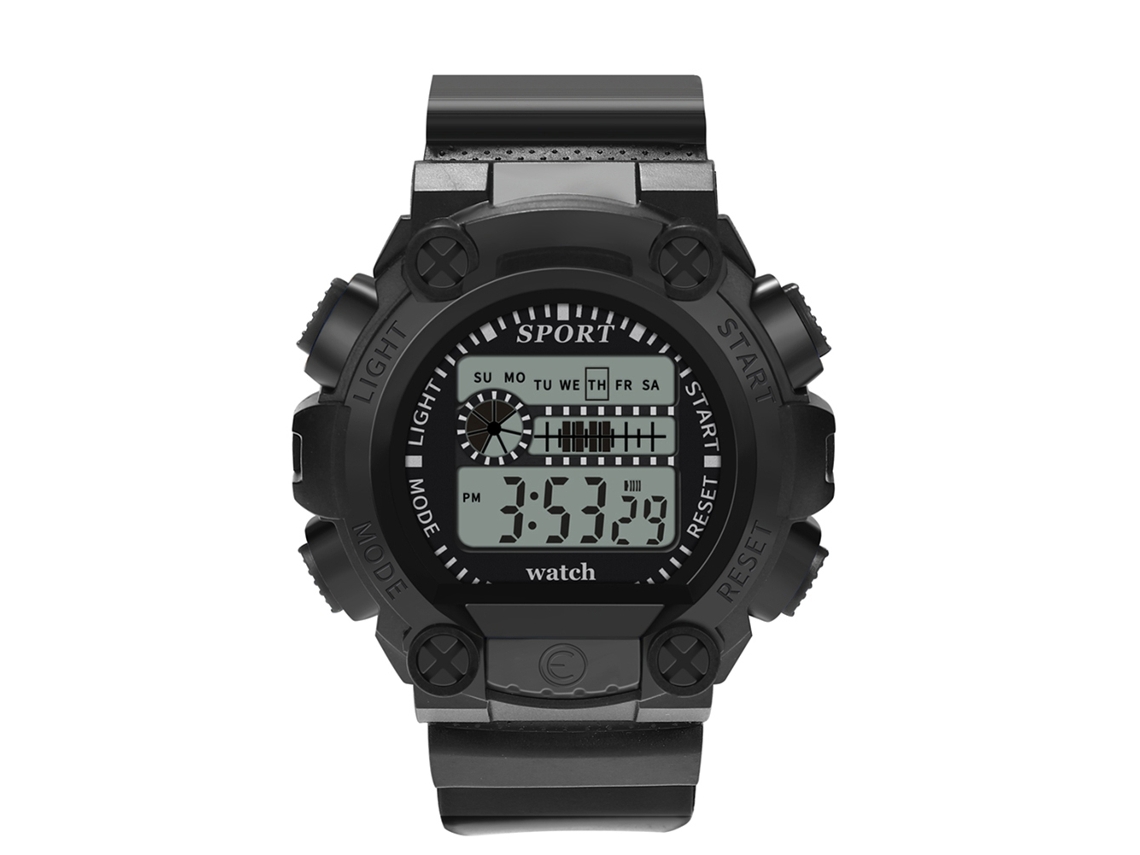Relógio eletrônico esportivo casual masculino com pulseira de PVC (preto)