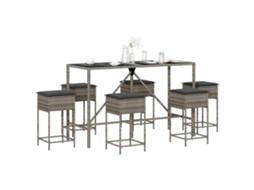 Conjunto Bar 7 Peças P/ Jardim C/ Almofadões Vime Pe Cinzento Dkd Home Decor
