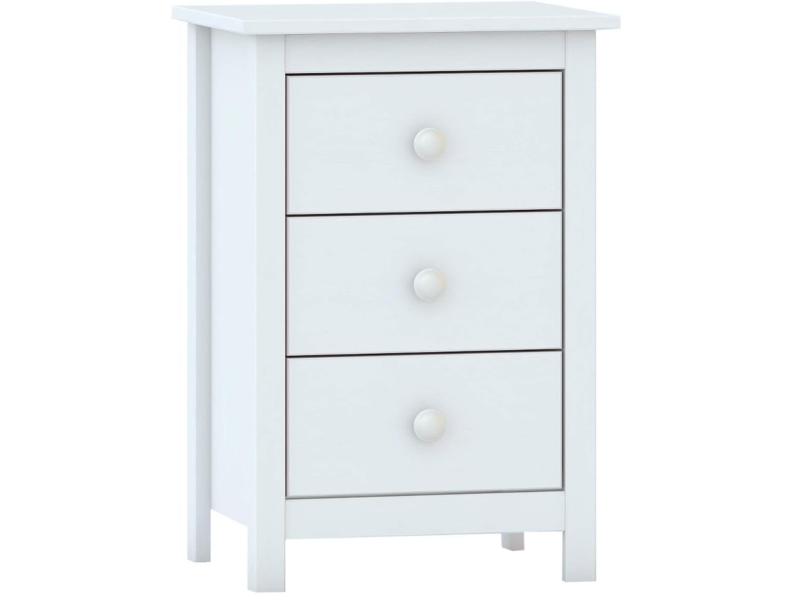Mesa de Cabeceira com 3 gavetas pinho maciço MOBLIT série Alme branca (63x43x35cm)  cor branco lavado.