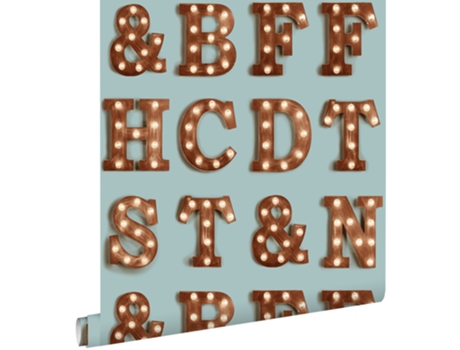 Papel De Parede Letras Luminosas De Madeira Azul Vintageecastanho Sépia 0,53 X 10,05 M Estahome