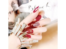 24 Unhas Falsas Artificiais Com Glitter Vermelho E Pedras Rhinestones Para Decoração De Unhas E Cola