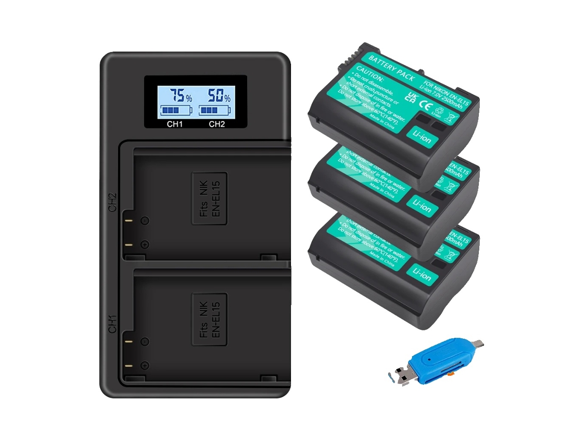 Pacote de bateria para câmeras Nikon, capacidade de 2500 mAh, carregador duplo incluído, 3 baterias, 1 carregador original