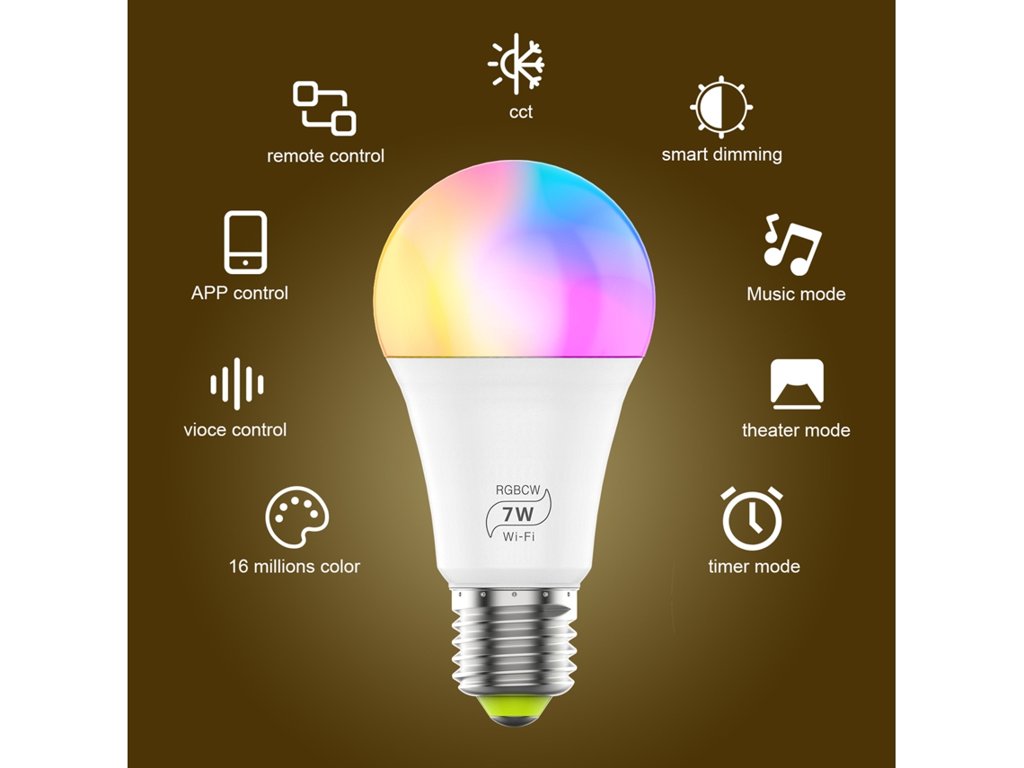 2026 lâmpada Led Inteligente B22/e27 7w Wifi+bt Controle App/voz 16m Cores
