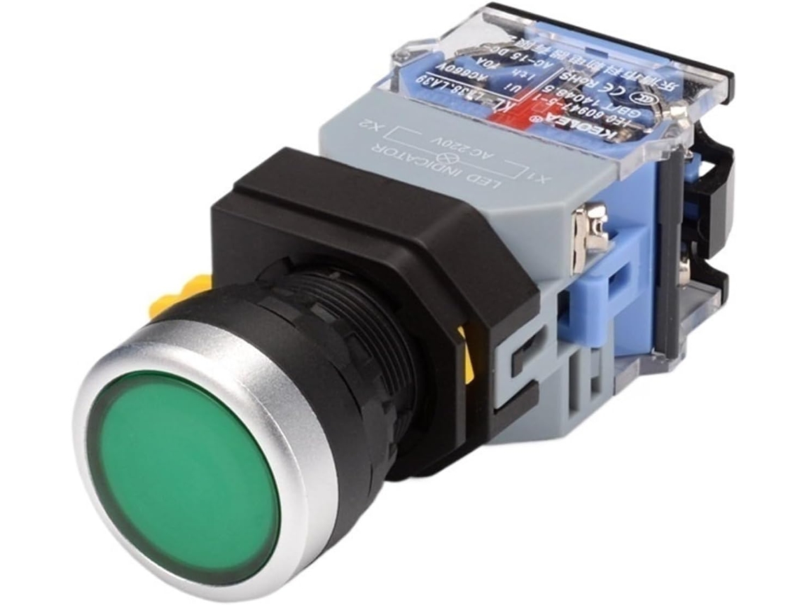 Botão De Pressão Iluminado La38 22mm Com Trava Automática E Reset, Botão Plano De 24v, Vermelho E Verde, Com Botão De