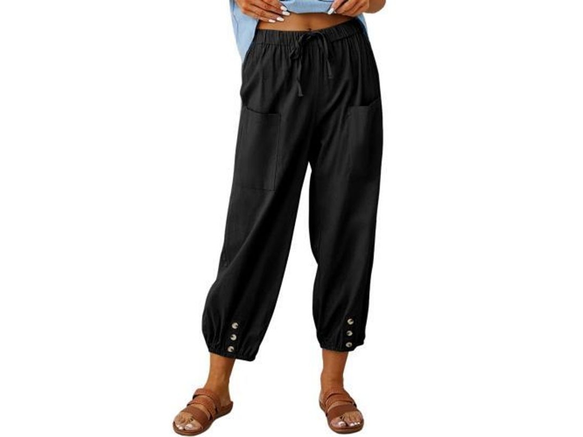2026 pantalones de Linho Soltos para Mulher Verão com Bolsos Calças Lantern Amplo S Negro