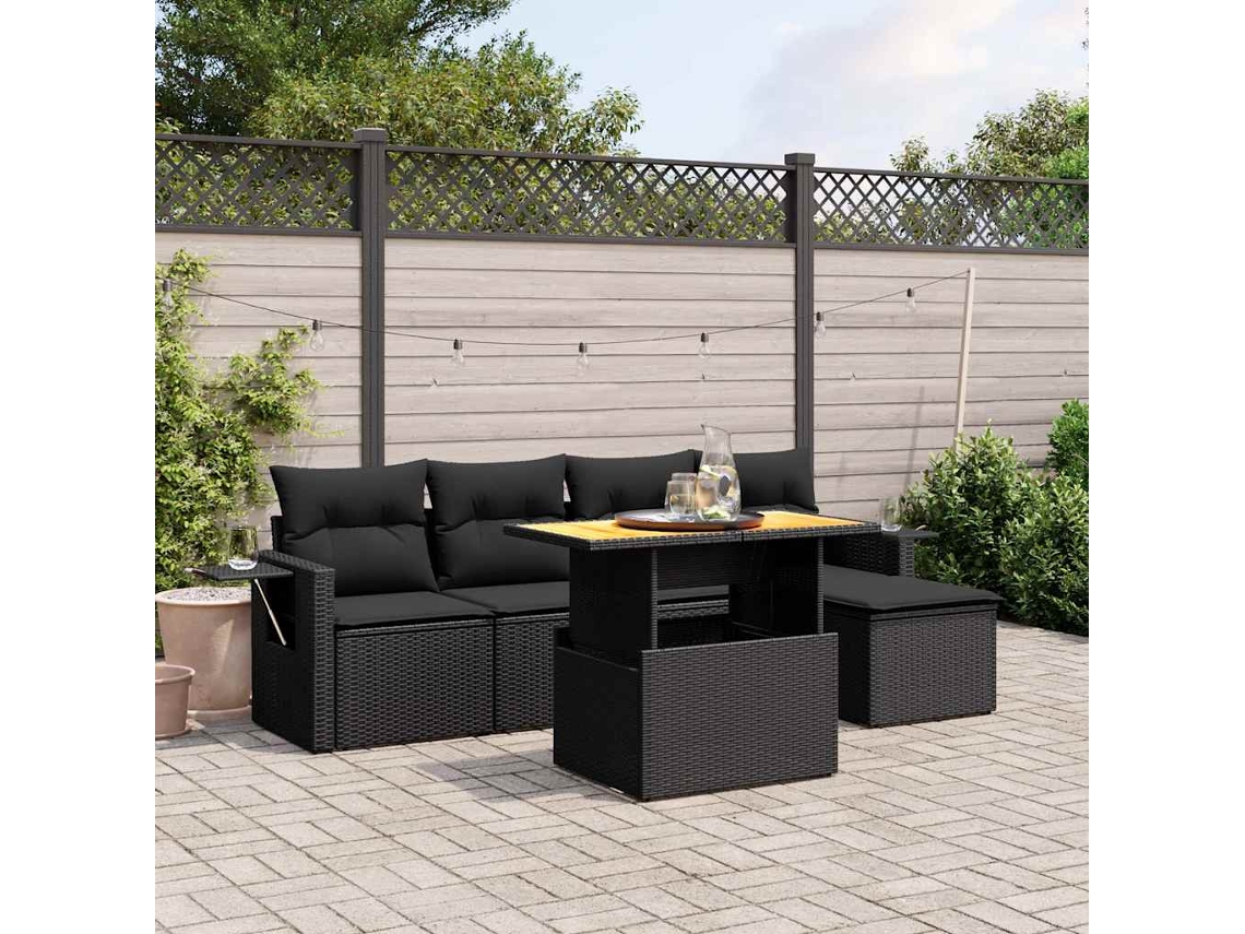 Vidaxl 6 Pcs Conjunto Sofás De Jardim C/ Almofadões Vime Pe Preto