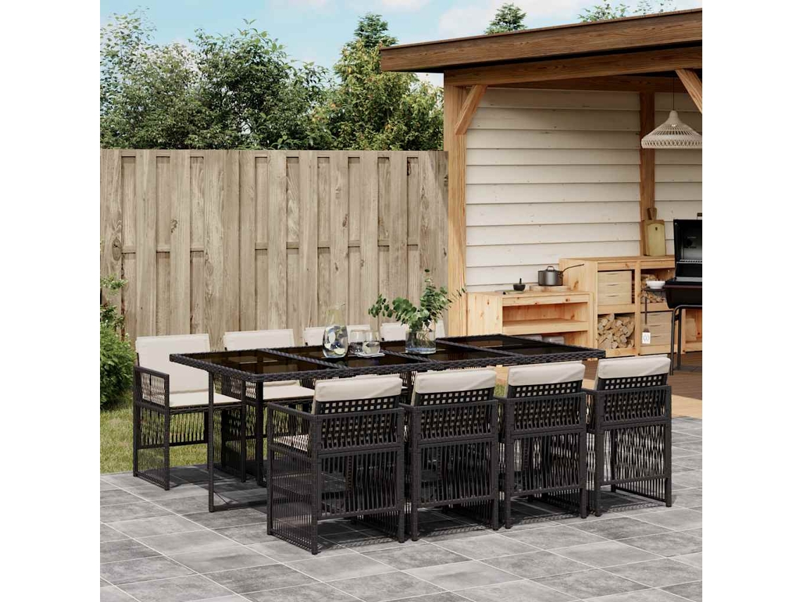 Vidaxl 9 Pcs Conjunto De Jantar P/ Jardim C/ Almofadões Vime Pe Preto