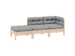 Vidaxl 3 Pcs Conj. Lounge Jardim C/ Almofadões Cinzentos Pinho Maciço