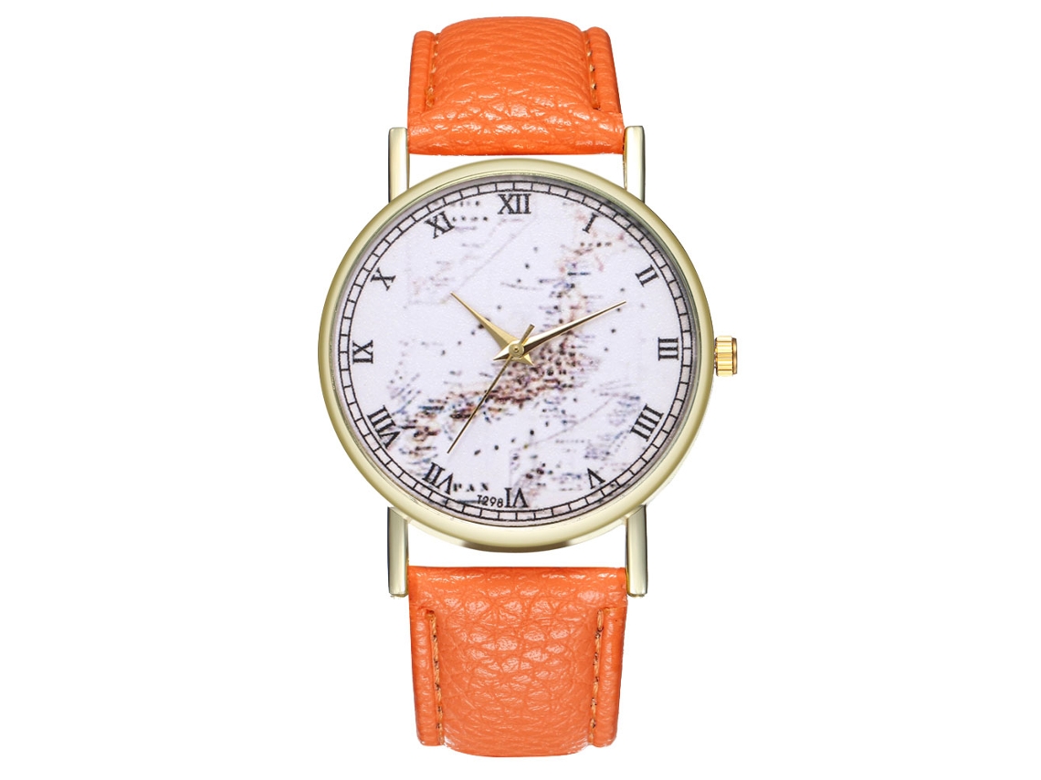 Reloj De Pulsera Analógico Cuarzo Para Hombre Y Mujer Con Correa De Cuero Naranja T298-a