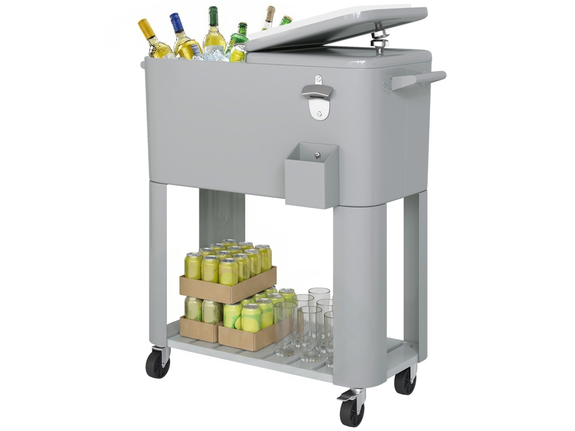 Carrinho Refrigerador De 76l Com Rodas Prateleira Abre-garrafas Coletor De Tampas Dreno E 2 Alças Para Pátio Festa 92x39x81 Cm