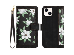 Capa Padrão Flores Para Iphone 15 Plus Pele Sintética Com Porta-cartões Multicor