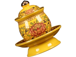 Taça Sagrada Decorativa De Cerâmica Amarela Com Motivo De Lótus