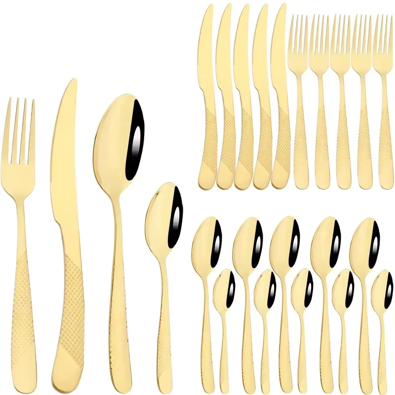 Conjunto De Talheres Em Aço Inoxidável Com 24 Peças Em Formato De Estrela E Detalhes Em Diamante, Ideal Para Uso Na Cozinha.