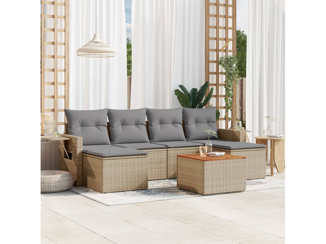 Vidaxl 7 Pcs Conjunto De Sofás P/ Jardim Com Almofadões Vime Pe Bege