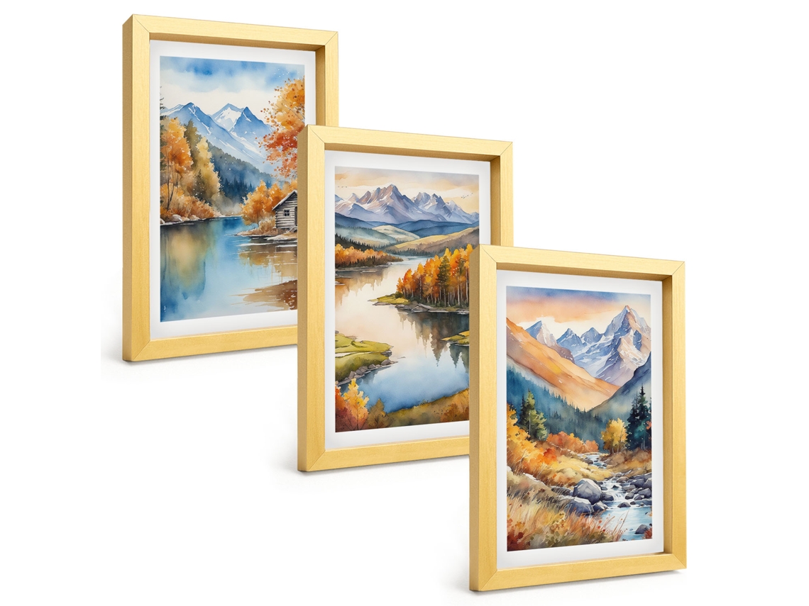 Quadros Espelharte Paisagem Rios De Montanha Com Árvores De Outono Moldura Dourada (3 Peças 20x30 Cm)