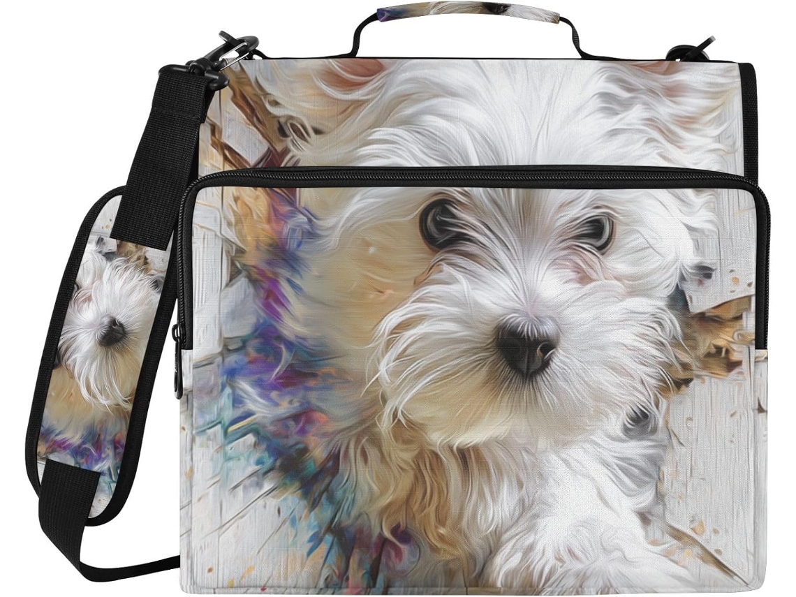 Massa 3D Com Zíper de 3 Alças e Alça Cães Da Raça Maltês, Com Bolsas Diversas, Notebook Escolar