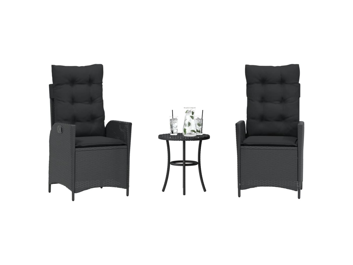 Vidaxl 3 Pcs Conjunto De Bistrô Com Almofadões Vime Pe Preto