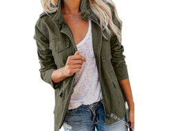 Jaqueta Casual Feminina Iowbfnys De Poliéster Com Zíper, Gola De Baixo, Bolsos, Manga Longa, Tamanho Regular, Primavera/outono Verde Militar